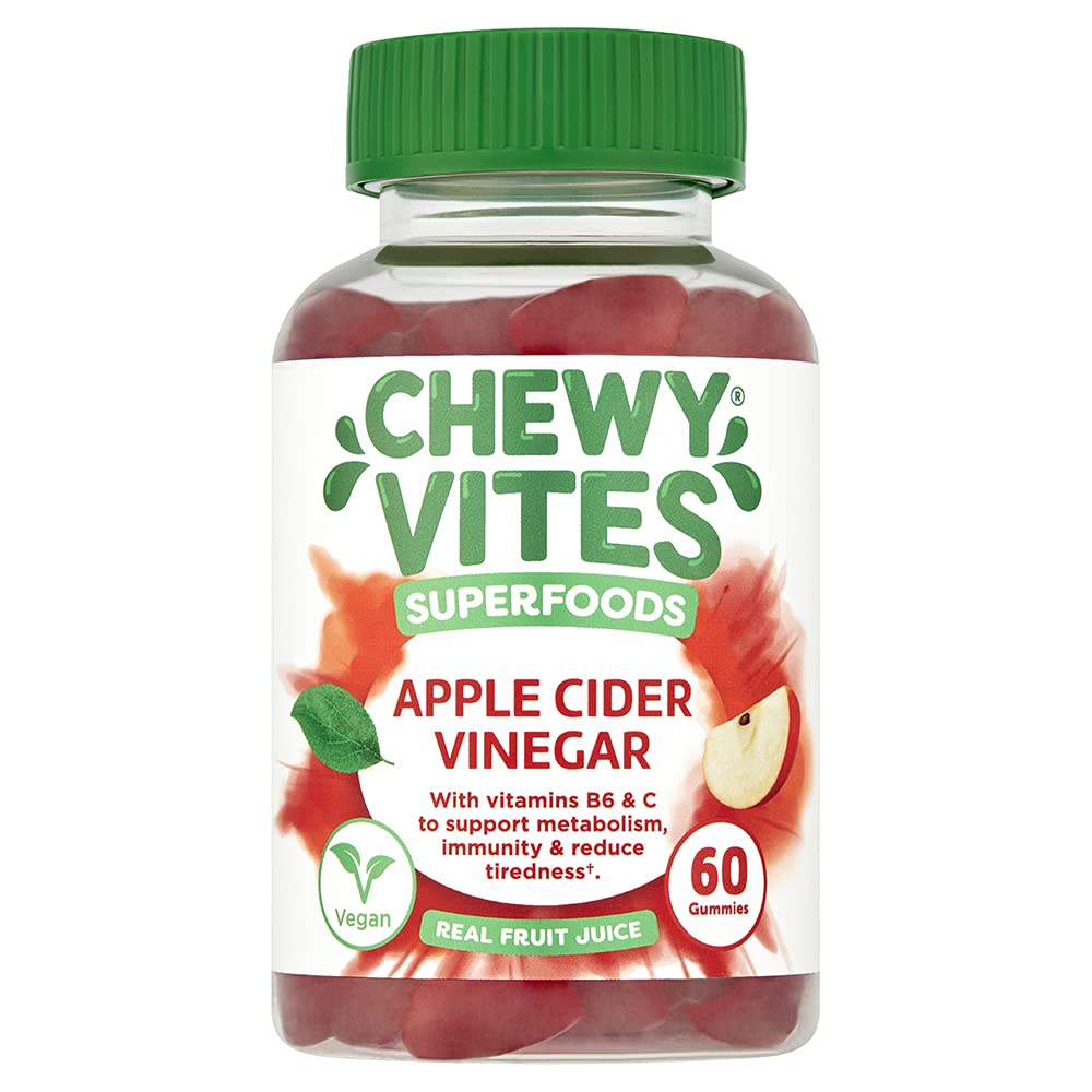 Chewy Vites Superfoods Apple Cider Vinegar Gummies, 60 Vitamin Gummies, 500 mg Apple Cider Vinegar, Vitamin C, Real Fruit Juice, 1 Month Supply, Vegan, Delicious Flavour