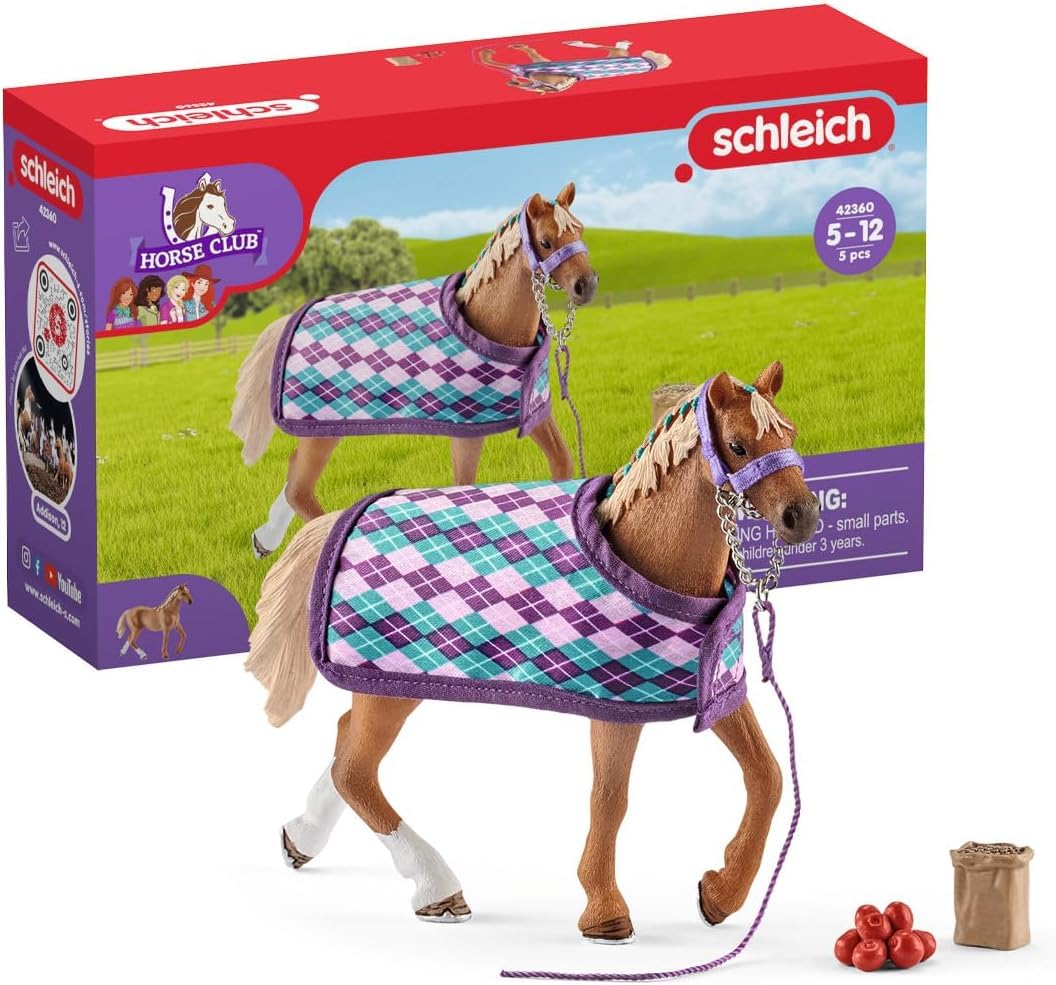 Schleich HORSE CLUB - 5PC English Thoroughbred Horse Toy Set with Accessories - Collectable, Realistic Toy Horse Figurine for Girls and Boys - Durable Farm Kids Toys Ages 5+ 42360