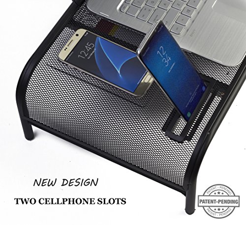 Monitor Stand Riser, Mesh Metal Desktop for Computer/Laptop TV Printer with Pull Out Drawer. New Design with Two Cellphone Slots. Two Compartments for Storage Organizer [Upgraded] by House Ur Home