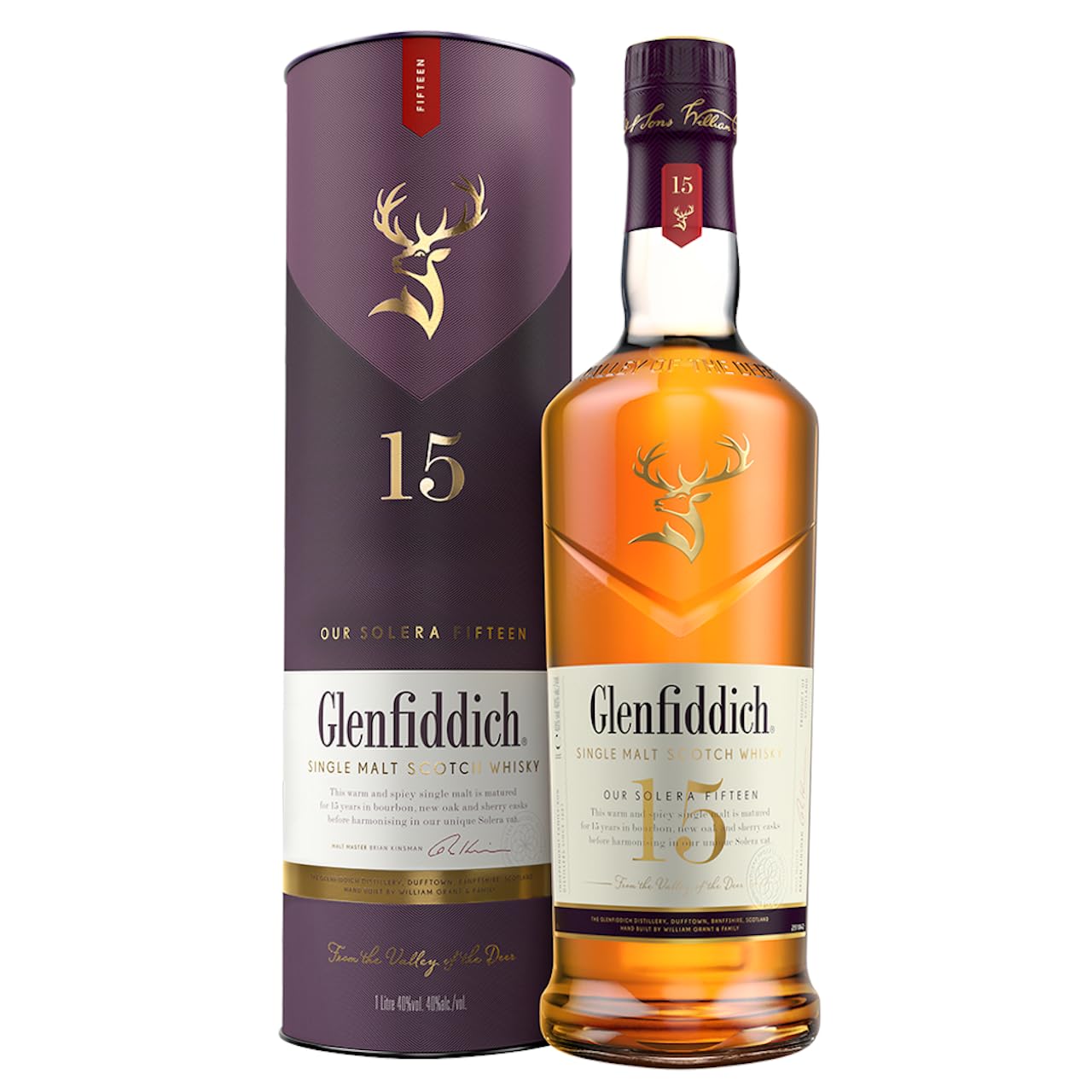 GLENFIDDICH 15 Year Old Single Malt Scotch Whisky - Rich Complex - Warm Spice, Honey Rich Fruit - Bourbon, Oak & Sherry Casks - Harmonised In Our Solera Vat - 40% ABV - 70 cl (Packing may vary)