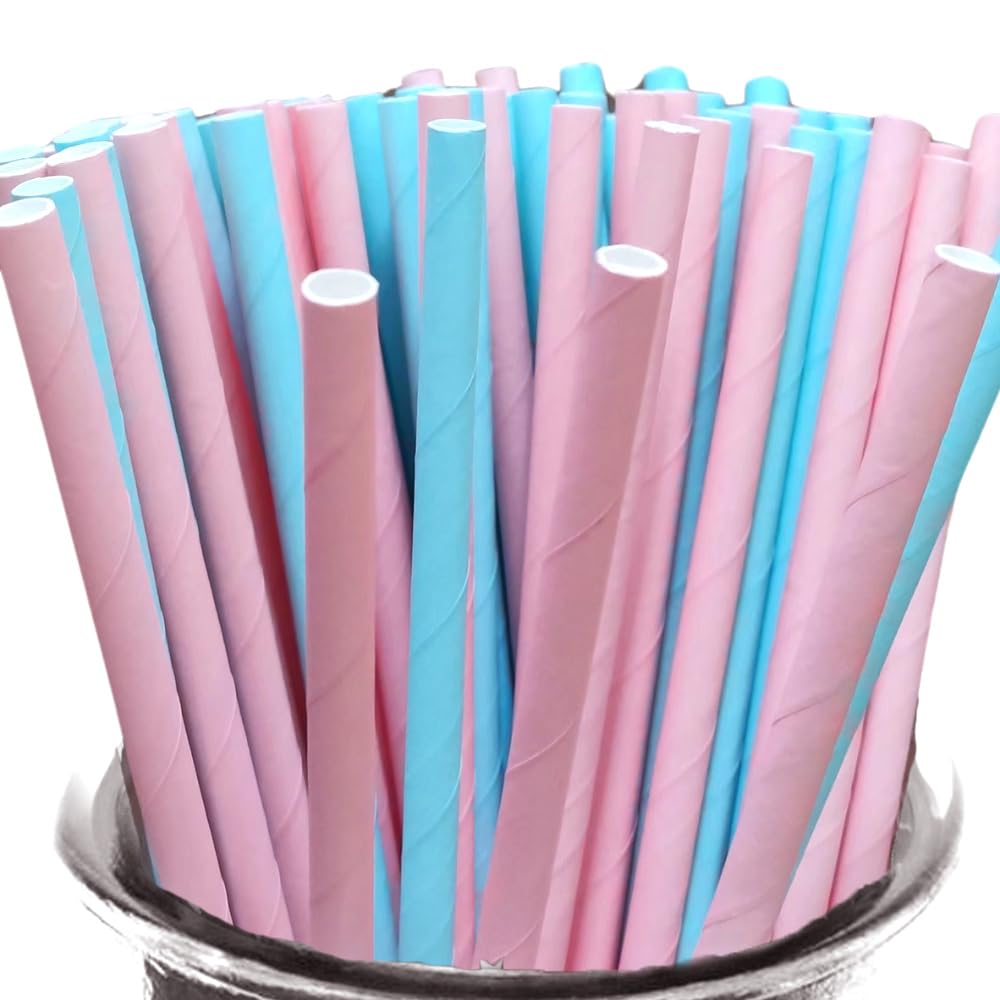 Photo 1 of 150-Pack Biodegradable Paper Straws - Blue and Pink Disposable Drinking kids Stand supplies accessories Sticks for Cake Pops in Holiday Celebrations Gender Party Decor favors Baby Shower