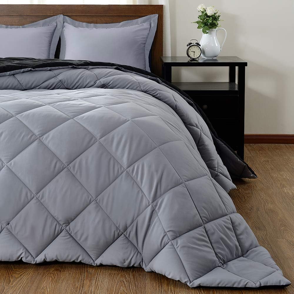 downluxe Lightweight Solid Comforter Set (Queen) with 2 Pillow Shams - 3-Piece Set - Black and Grey - Down Alternative Reversible Comforter: Home & Kitchen