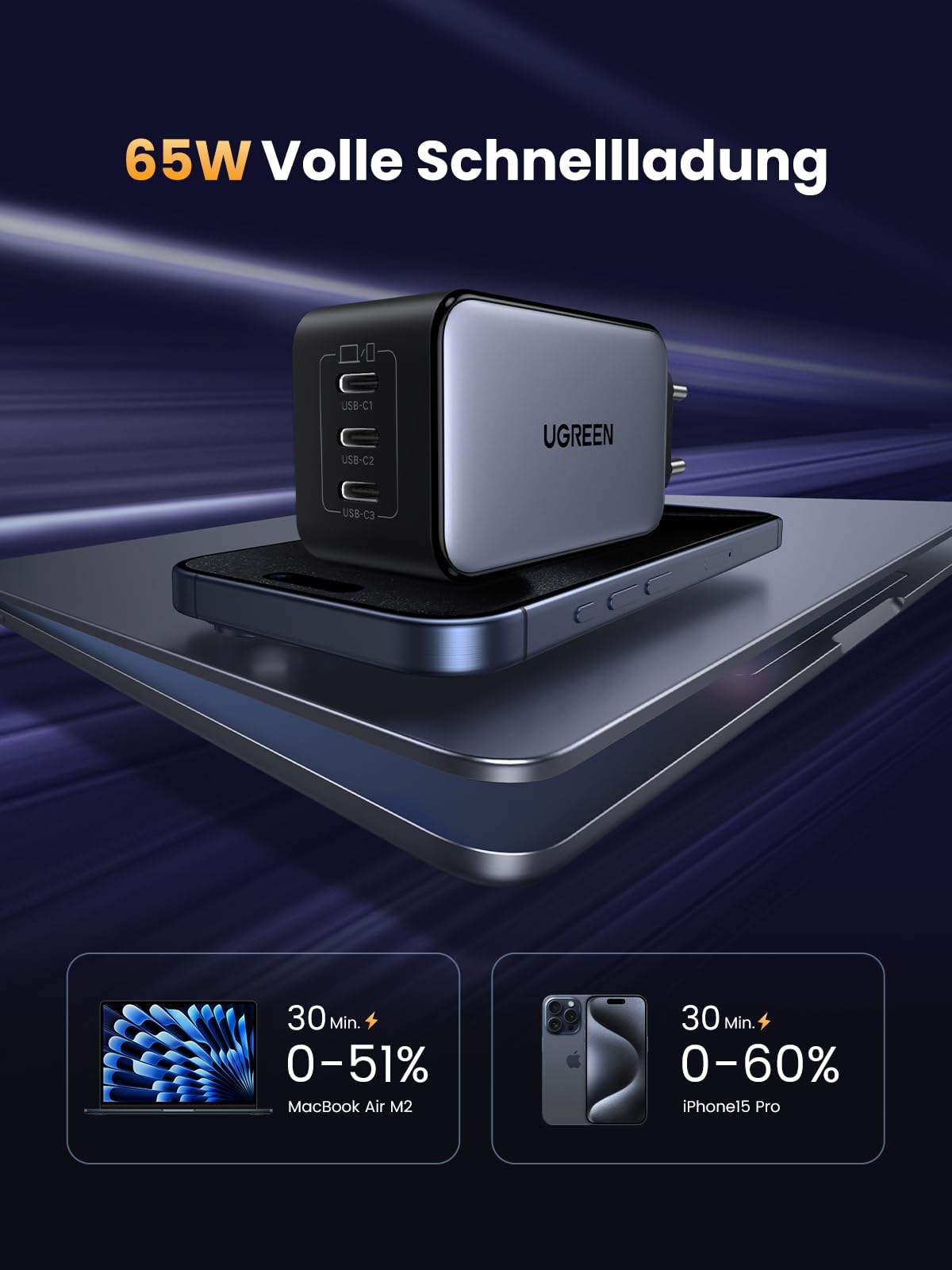 UGREEN Nexode USB C Ladegerät 65W GaN Netzteil mit 3X USB-C-Port Schnellladegerät Kompakt Charger kompatibel mit MacBook Pro/Air, HP Laptop, iPad, iPhone 17, Galaxy S24 3