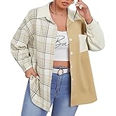 CARE LUCK Women’s Color Block Flannel Shirt Long Sleeve, Plus Size Plaid Button Down Casual Flannel Jackets for Women Apricot
