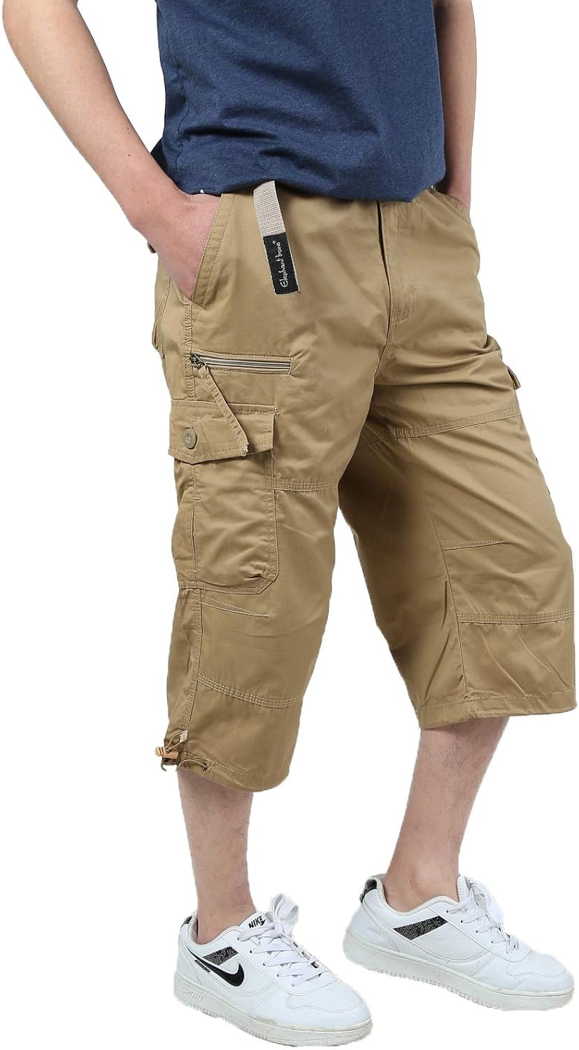 Men JYG Mens Twill Elastic Cargo Shorts Below Knee 3/4 Capri Pants with