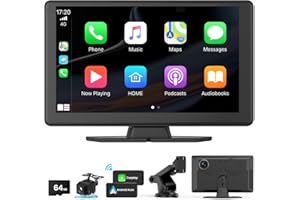 VYKURE Portable Carplay Screen for Car 5K Dash Cam, 9" Wireless CarPlay & Android Auto Car Audio Receivers with 1080p Backup Camera, Bluetooth/GPS Navigation/Voice Control/Mirror Link (Black)