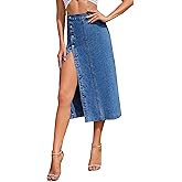 Flvsun Women's Casual Split Denim Midi Jean Skirt Stretch High Waisted Button Up with Side Slit