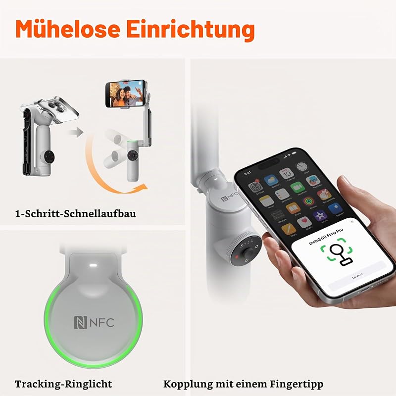 Flow Pro - KI-gestützter Smartphone-Gimbal-Stabilisator mit 3-Achsen, Apple DockKit-Integration, Unbegrenztes 360°-Schwenk-Tracking, Stativ integriert, Zusammenklappbar & mobil