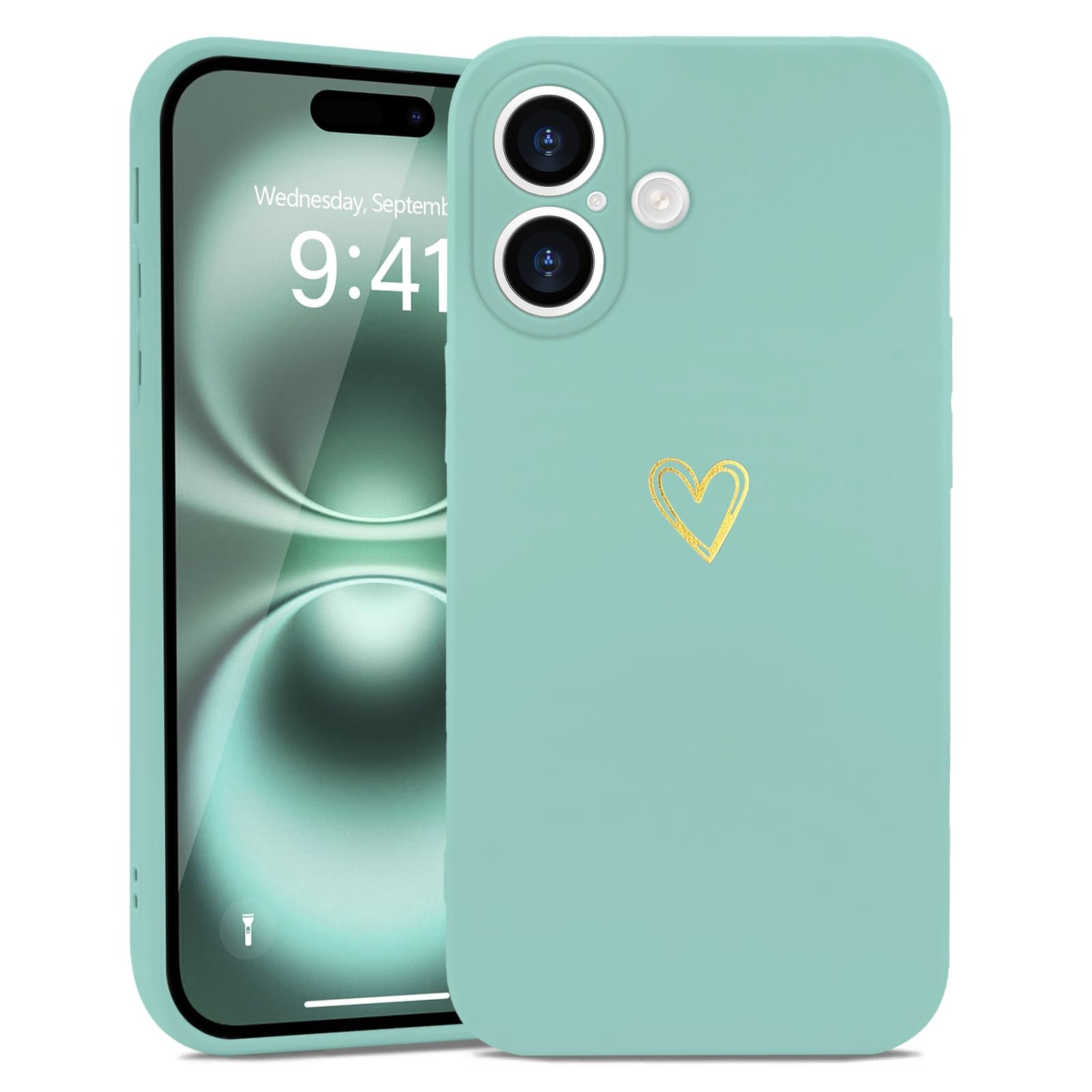 Wirvyuer for iPhone 16 Plus Case Cute Heart Pattern Soft Shockproof Protective Silicone Phone Case for Women Girls, Fragrant Green