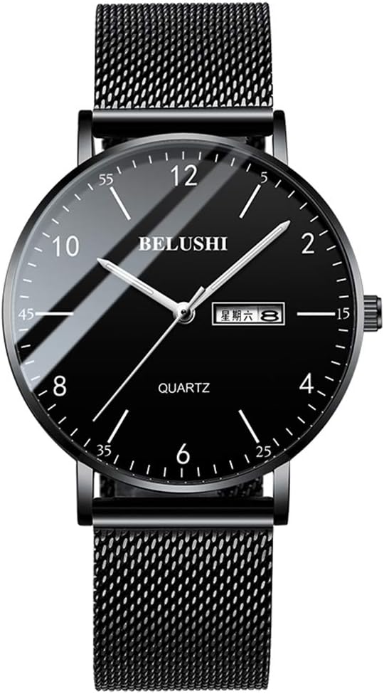 Mens Watches,Belushi Watches for Men Fashion Sports Minimalist Waterproof Stainless Steel Mesh Belt Wristwatch Bussiness with Date Analog Quartz Watch Man Black