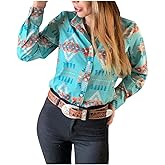 Joiemont Women's Retro Aztec Shirt Western Cowgirl Pearl Snap Blouses Button Up Long Sleeve Ethnic Printed Top