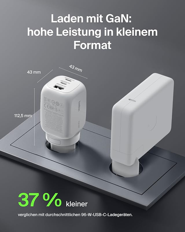 3 Port USB C Ladegerät, 100 W, GaN-Ladegerät, 2 USB-C-Anschlüsse, 1 USB-A-Anschluss, inkl. Reisestecker für EU/UK/USA, Schnellladen von MacBook, iPhone, iPad Pro, Samsung Galaxy, Pixel – Weiß
