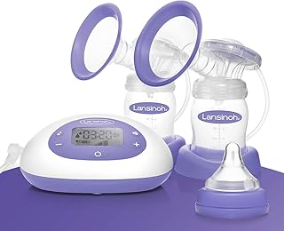 Lansinoh 2in1 Elektrische Milchpumpe - beleuchtetes LCD-Display - ein- oder beitseitiges Abpumpen - individuell einstellbar, weiss / lila / transparent