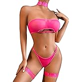 Kaei&Shi Sheer Mesh Lingerie Set, Sexy Bra And Panty 4PC, Strapless Choker