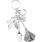 Create idea Flower Pendant Keychain Tassel Leaf Key Ring Rhinestone Charm Key Fob Handbag Ornament Key Decoration Gift for Women Girls Zinc Alloy Grey-silver