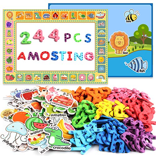 AMOSTING Alphabet Magnets Toddler Toys Educational Magnetic Letters 244Pcs Refrigerator Magnet for Preschool Learning Numbers Farm Animal Spelling ABC for Kids with Board - Thumbnail 7