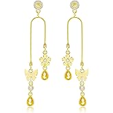 Gold Heart Bow Earrings for Women 14K Gold Plated Dangle U Shaped Earrings with Colorful Teardrop Cubic Zirconia Long Chain Bow Knot Butterfly Flower Moon Star Love Heart Cross Trendy Jewelry Gifts