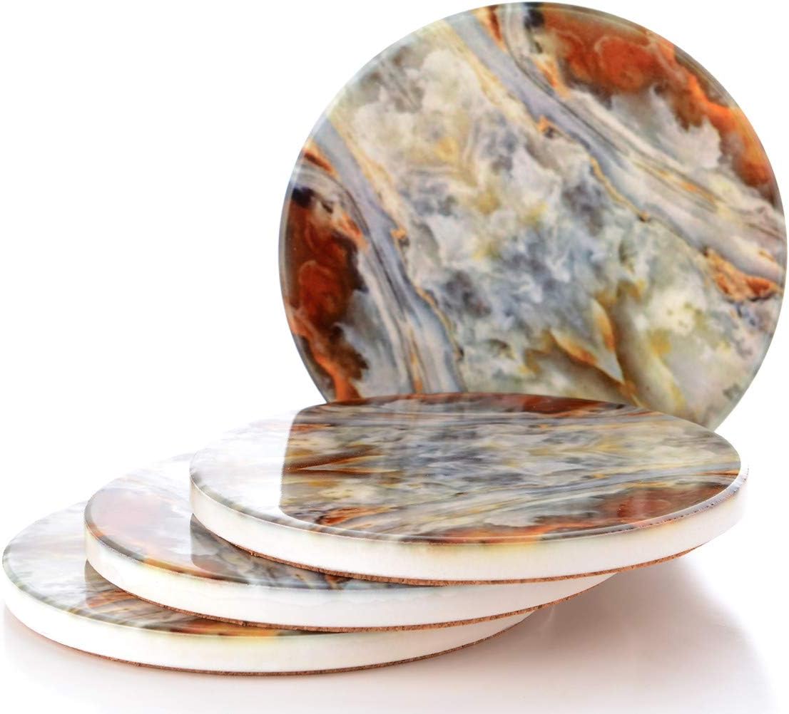 Giftale 3.6" Decorative Ceramic Coasters for Drinks,Marble Style Stoneware Coasters with Cork Back - Set of 4