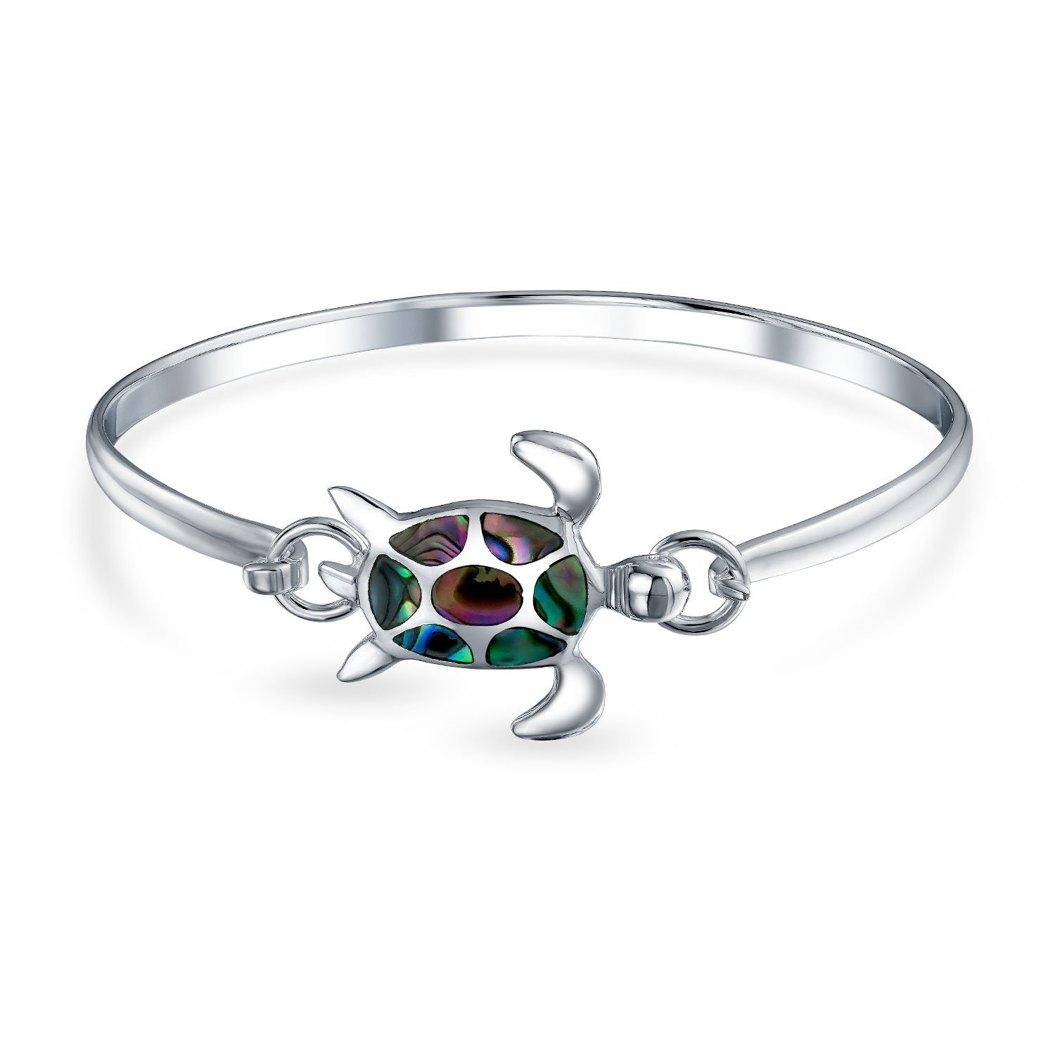 Bling Jewelry Nautical Sea Turtle Beach Tortoise Iridescent Abalone Shell Bangle Bracelet For Women Polished .925 Sterling Silver