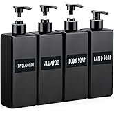 Segbeauty Black Shower Refillable Dispenser, 4 Pack of 16.9oz Plastic Pump Press Bottles, 500ml Empty Bathroom Soap Dispenser with Labels for Shampoo Conditioner Body Soap Lotion Hand Wash Dish Soap