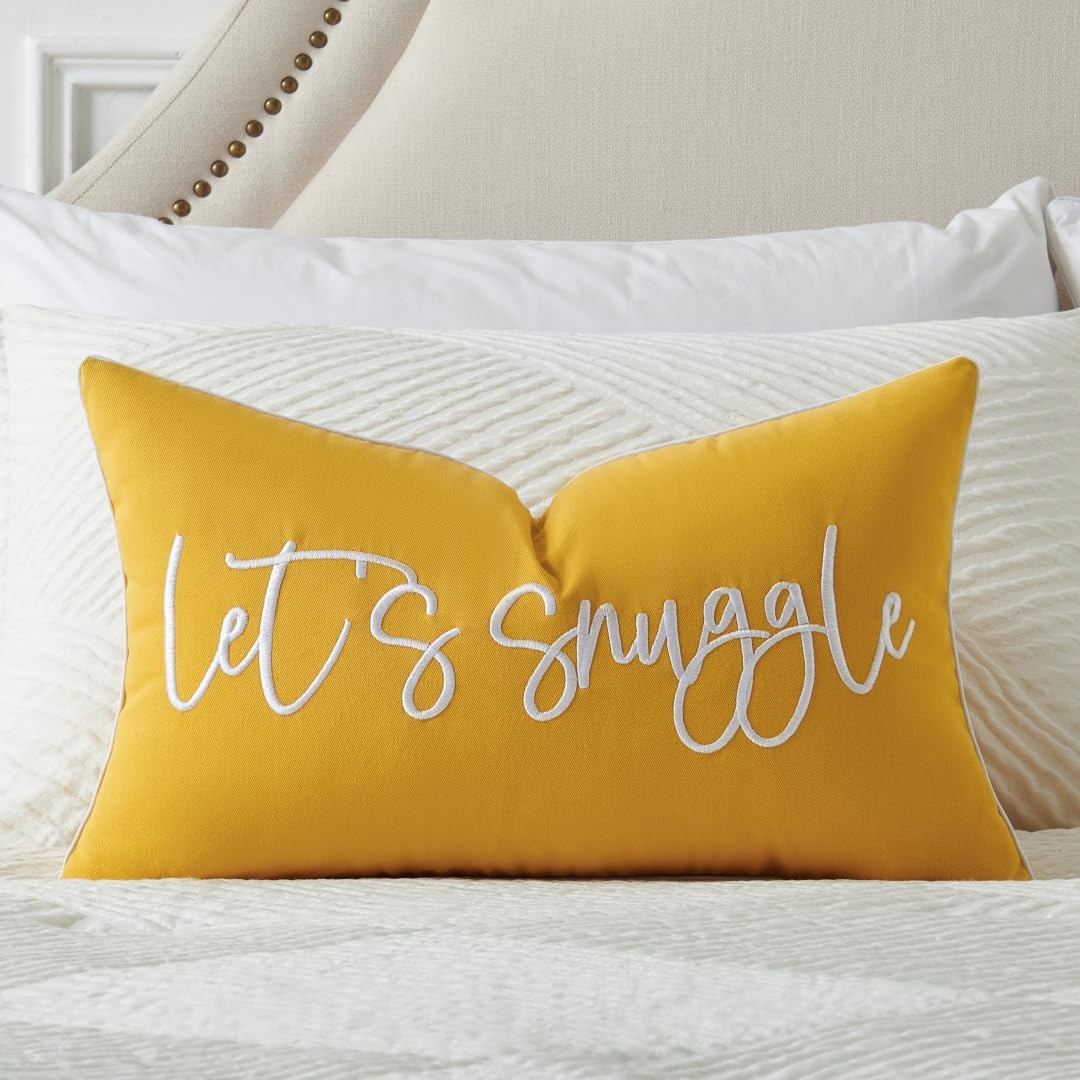 Photo 1 of Sunkifover Let's Snuggle Decorative Lumbar Pillow Cover - 12x20 Inch Yellow and White Cotton Embroidery Throw Pillowcase for Bed, Bedroom, Living Room, Home Decor
