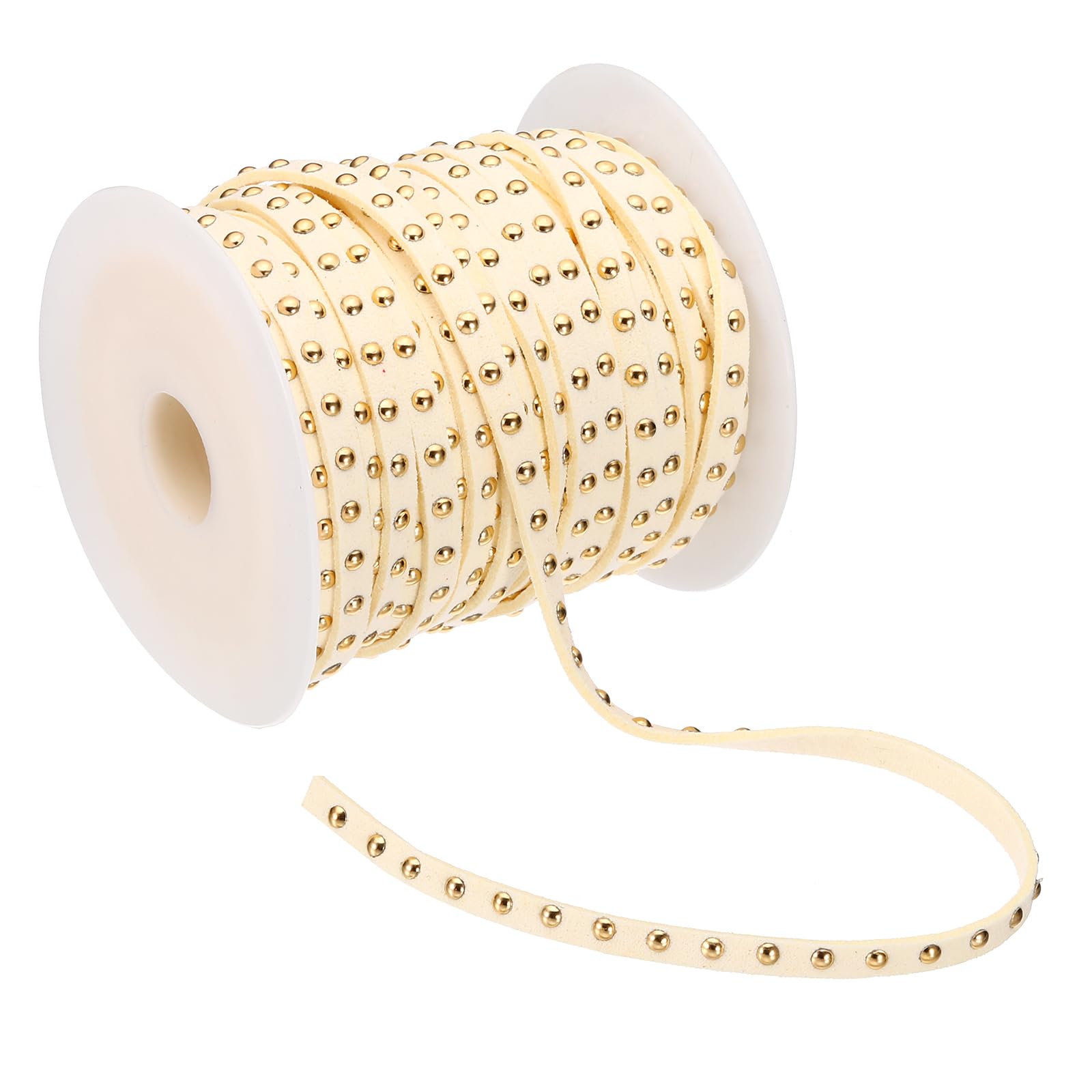 PATIKIL 65.6ft Studded Faux Suede Cord Rope for Jewelry Making, 5mm Micro Fibre Flat Leather Lace Beading String Ribbon with Rivets, Beige Golden