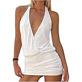 winkbay Women's Summer Ruched Halter Mini Dress Y2k Backless Wrap Deep V Neck Party Club Dresses