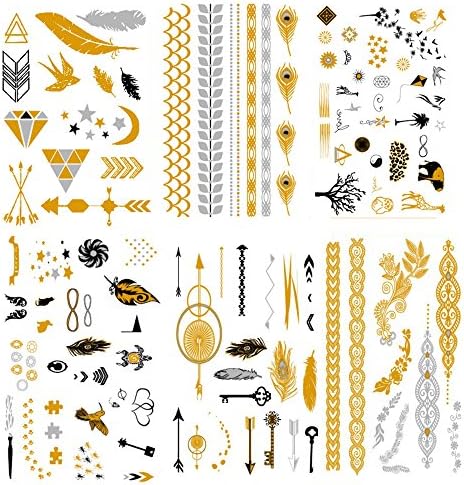 Premium Metallic Temporary Tattoos, KALLOE 75+ Gold and Silver Mandala Mehndi Boho Designs Waterproof Sticker Flash Jewelry Tattoos for Women Teens Girls