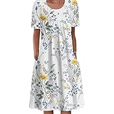 LOVESHOOT Size M Womens Summer Midi Dress 2026 Casual Short Sleeve A Line Dress with Pockets Evening Wedding Guest Work Floral 03 White