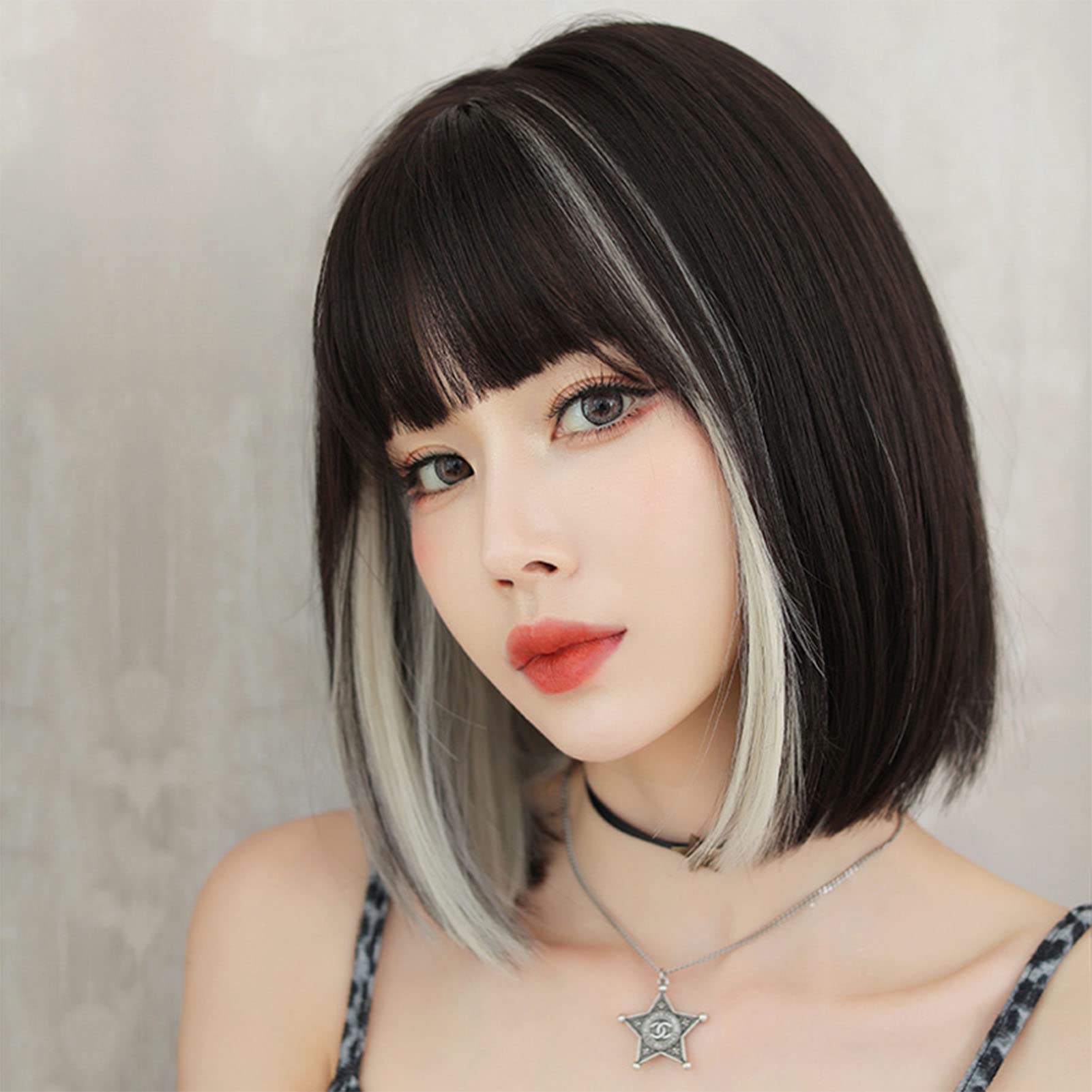 Short Bob Wigs for Women, Short Hanging Ears Dye Wig Black Beige Brown Fashionable Adjustable Straight Bob Wig for Women