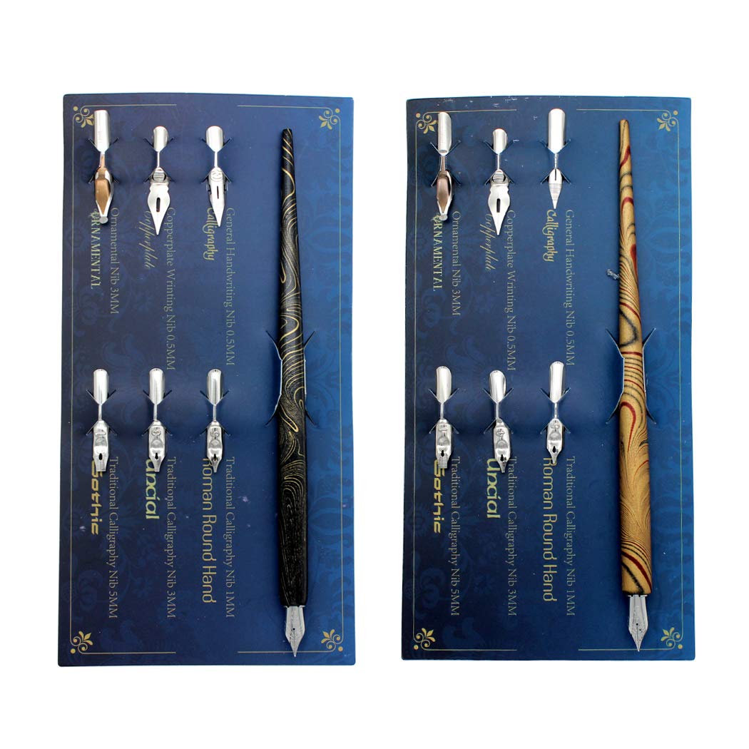 Hillento Marble Wood Manga Calligraphy Drawing Pen Kit, Professional Comic Dip Pen, Includes 2 Comic Pen Holders Handles, 12 Nibs for Lettering Sketching, Art, Calligraphy, Black and Gold