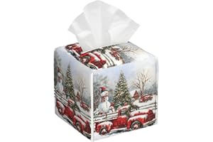 HOYYU Christmas Red Truck Snowman Tissue Box Cover Winter Xmas Tree Bell Square Leather Tissue Case Holder Facial Paper Organizer for Tabletop Night Stands Desk Bathroom Kitchen Car Office Home Decor