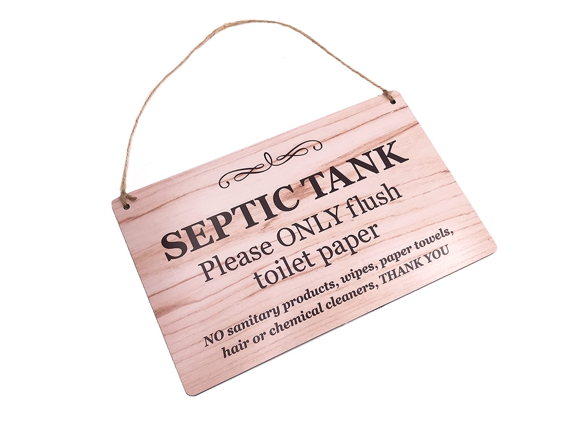 Septic Tank Notice Hanging Sign - Printed contemporary design onto vinyl. Easy to read, informative polite notice for your guests/customers. Global shipping (Pine Effect)