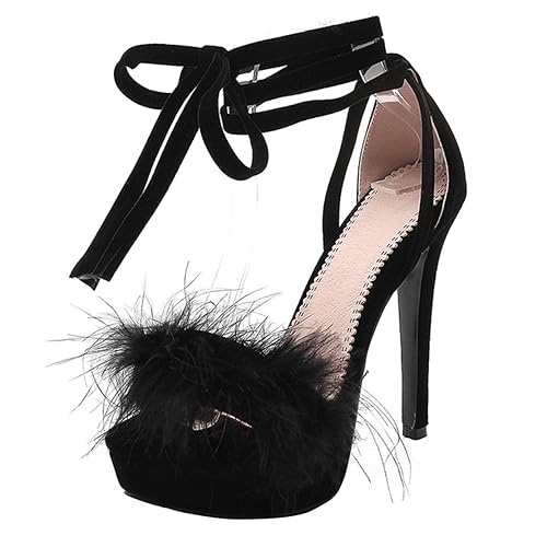 AIYOUMEI Knöchelriemchen Sandalen mit Fell Damen Plateau Stiletto High Heels Sandalen zum Schnüren