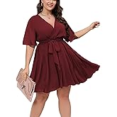 SCOMCHIC Women's Plus Size Summer Dresses Short Sleeve Wrap V Neck A Line Skater Mini Short Dress XL-4XL
