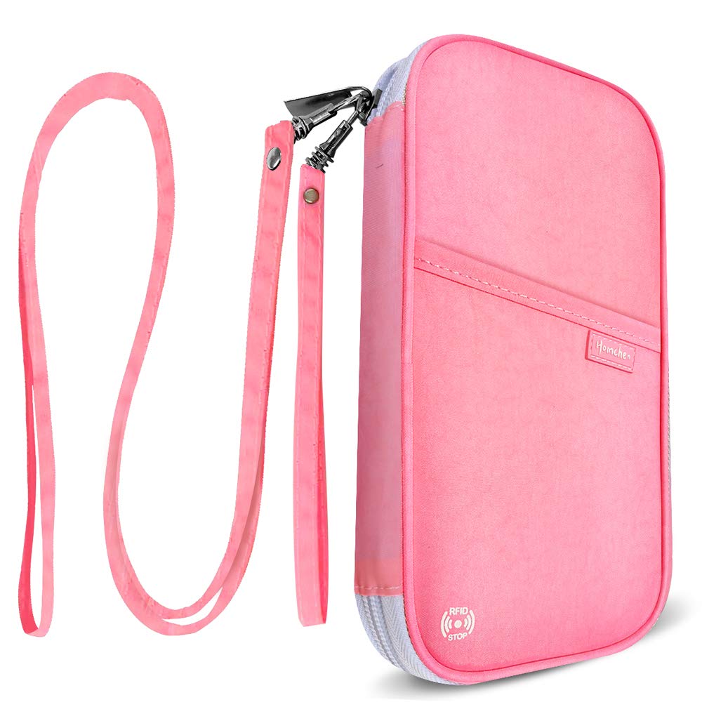 homchen RFID Blocking Travel Passport Wallet Holder, Document Organiser Case Credit Card Holders for Men and Women (Large Pink-RFID)