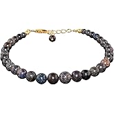 InfinityGemArt Black Matrix Opal Bracelet, Natural Gemstone Beads, Round Dainty Crystal Jewelry for Women, Healing Birthstone Crystal, 14K Gold Plated 925 Sterling Silver Chain 8 inch