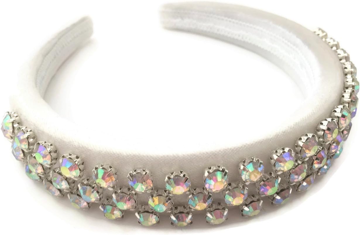 Beautiful Ghost White Smooth Flock Covered Padded Alice Band with AB Diamante Jewels 2.5 cms Wide Jewelled Headband Women's Gift