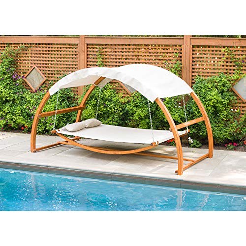 Leisure Season SBWC402 Swing Bed With Canopy - Brown - 1 Piece - 2-Person Covered Hammock With Wooden Stand - Outdoor Daybed, Furniture For Lawn, Patio, Poolside, Deck, Garden, Backyard - Adjustable