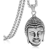 FIZIZDH Men's Stainless Steel Calm Meditating Buddha Head Pendant Necklace, Unisex, 24 inch Keel Link Chain