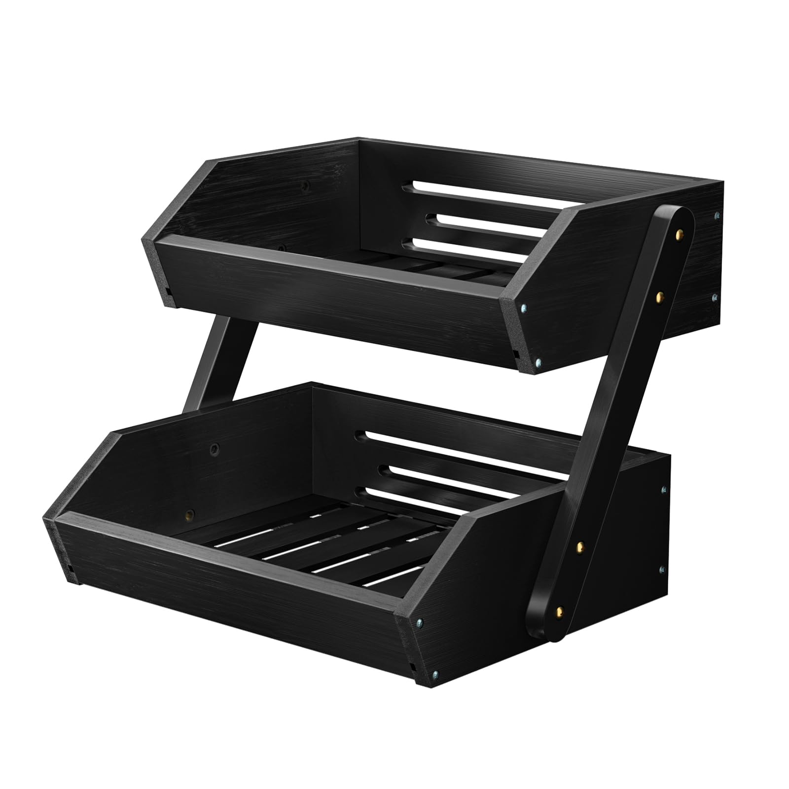 CALM COZY 2 Tier Bamboo Fruit Basket for Kitchen, Vegetables Storage Stand Detachable Holder for Fruits Veggies Bread Snacks in Home, Kitchen Office, Black