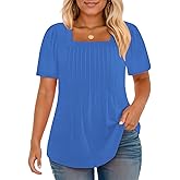 VISLILY Plus-Size-Womens-Summer-Tops Trendy Square Neck T Shirts Cute Flowy Pleated Tunics Casual Short Sleeve Blouses XL-5XL