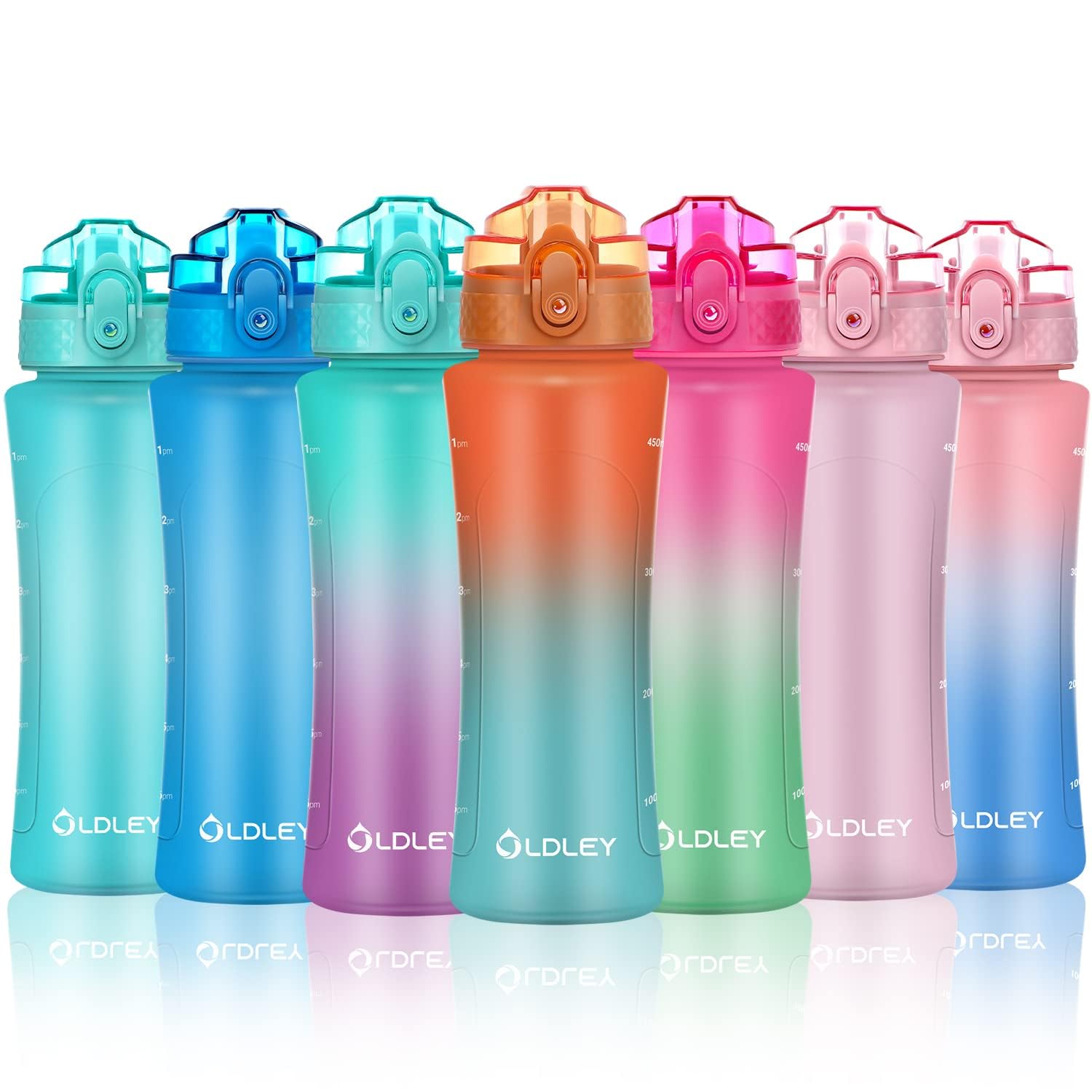 OLDLEY 450ml/15oz Water Bottle with Straw Reusable Drink Bottles with Times Markings for School Home Camping Outdoor Sports BPA Free Leakproof Durable — image 1