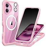 CENHUFO Magnetic Privacy for iPhone 16 Plus Case [Compatible with Magsafe] Full Body Phone Case Built-in 9H Tempered Glass Privacy Screen Protector and Camera Lens Cover, Shockproof Bumper - Pink