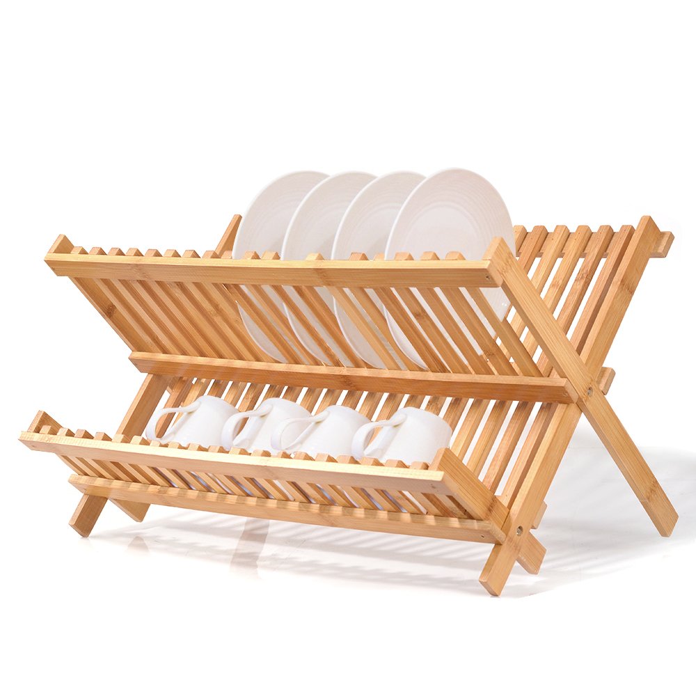 Natural Bamboo Dish Drying Rack, SZUAH Collapsible Dish Plate Drainer Rack, 2-Tier Dish Drying Holder, with 20 Slats, 17.5\
