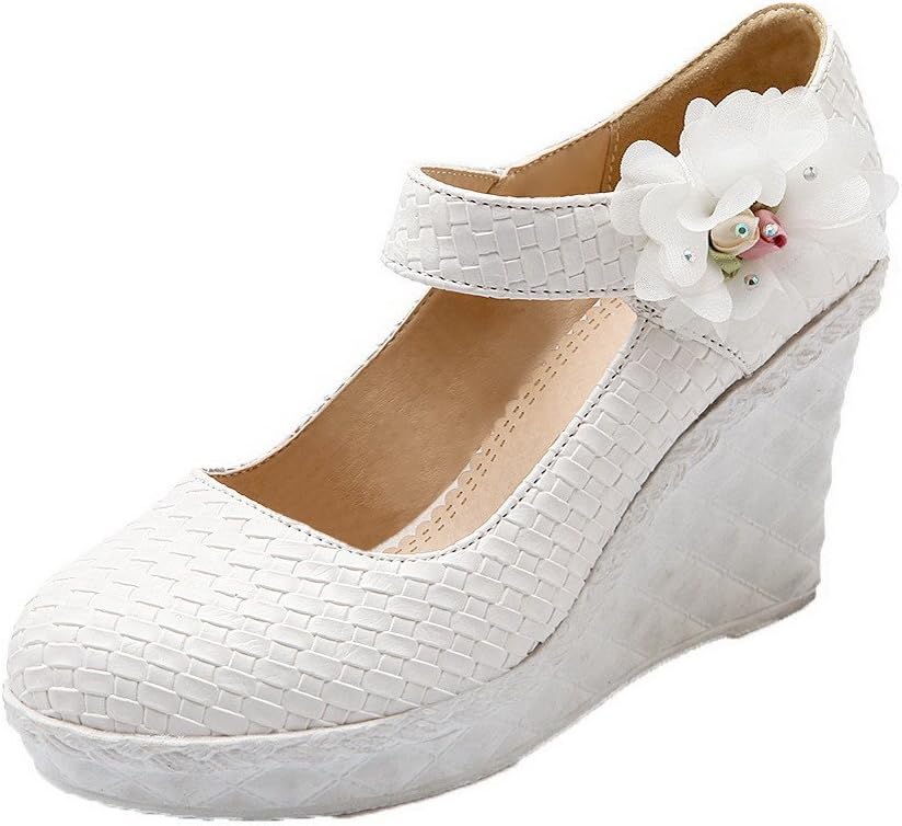 VogueZone009 Women's Hook-and-Loop Round-Toe High-Heels PU Floral Pumps-Shoes