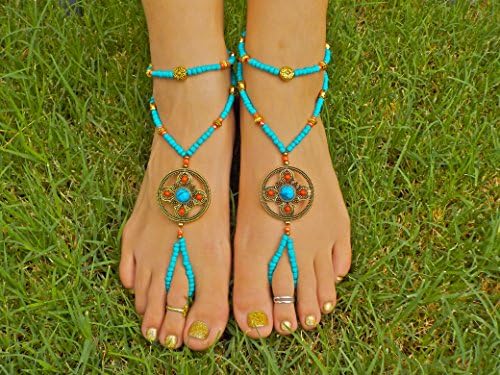 Turquoise and Coral Barefoot Sandals with matching anklets, foot thong, ankle bracelet