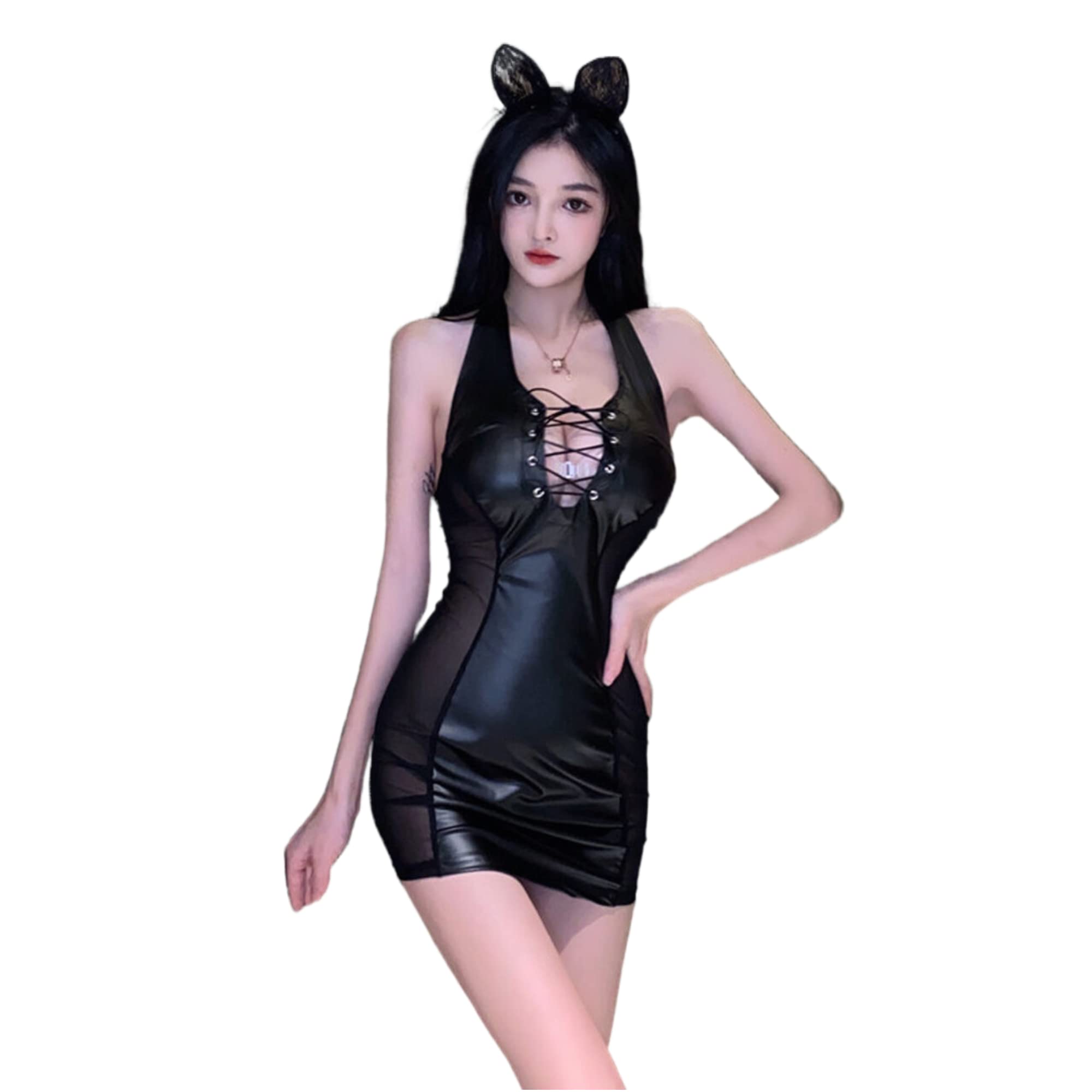 SINGUYUN Women's Leather Bodysuit Lace Up Lingerie Set Teddy One Piece Leather Dress Cosplay Lingerie Clubwear Outfits (2620Black)