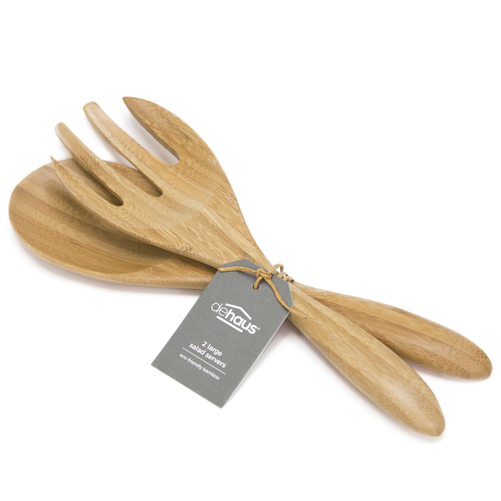 Dehaus® Large Bamboo Salad Servers - Eco Friendly Wooden Serving Spoons Set - Fork & Spoon Cutlery Tongs - Giant Farmhouse Style Kitchen Servers for Salad, Fruit or Pasta at Dinner Parties