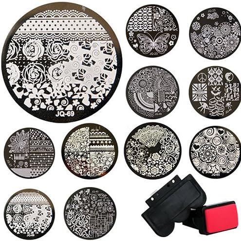 Bodhi2000 10 Pcs Nail Art Templates + 1 Stamper + 1 Scraper Stamping Kits Round Metal Plates DIY Nail Tools, Random Patterns